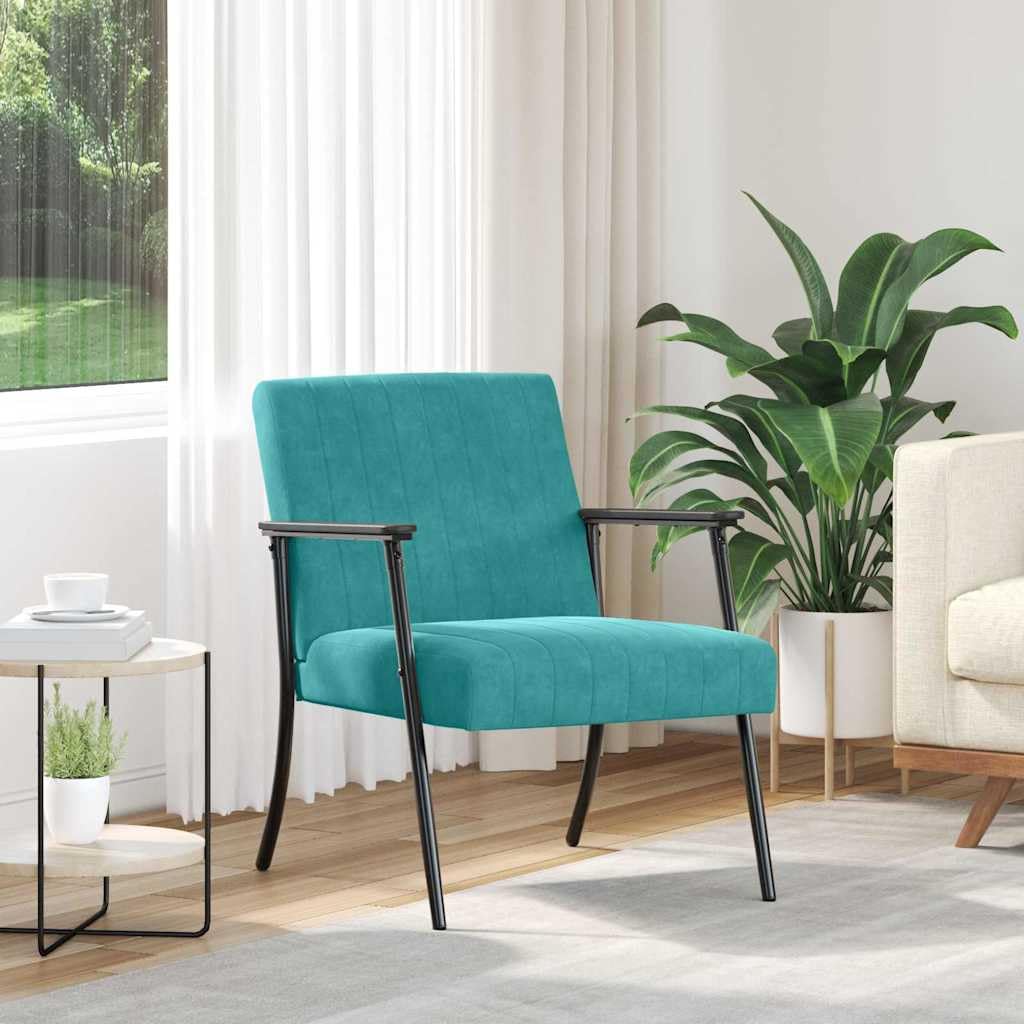 Fotel turkusowy aksamit z ergonomicznym oparciem i podłokietnikami, 59 x 75 x 78 cm, do salonu, sypialni, biura, relaksu, relaksującej pozycji siedzącej i stylowego relaksu