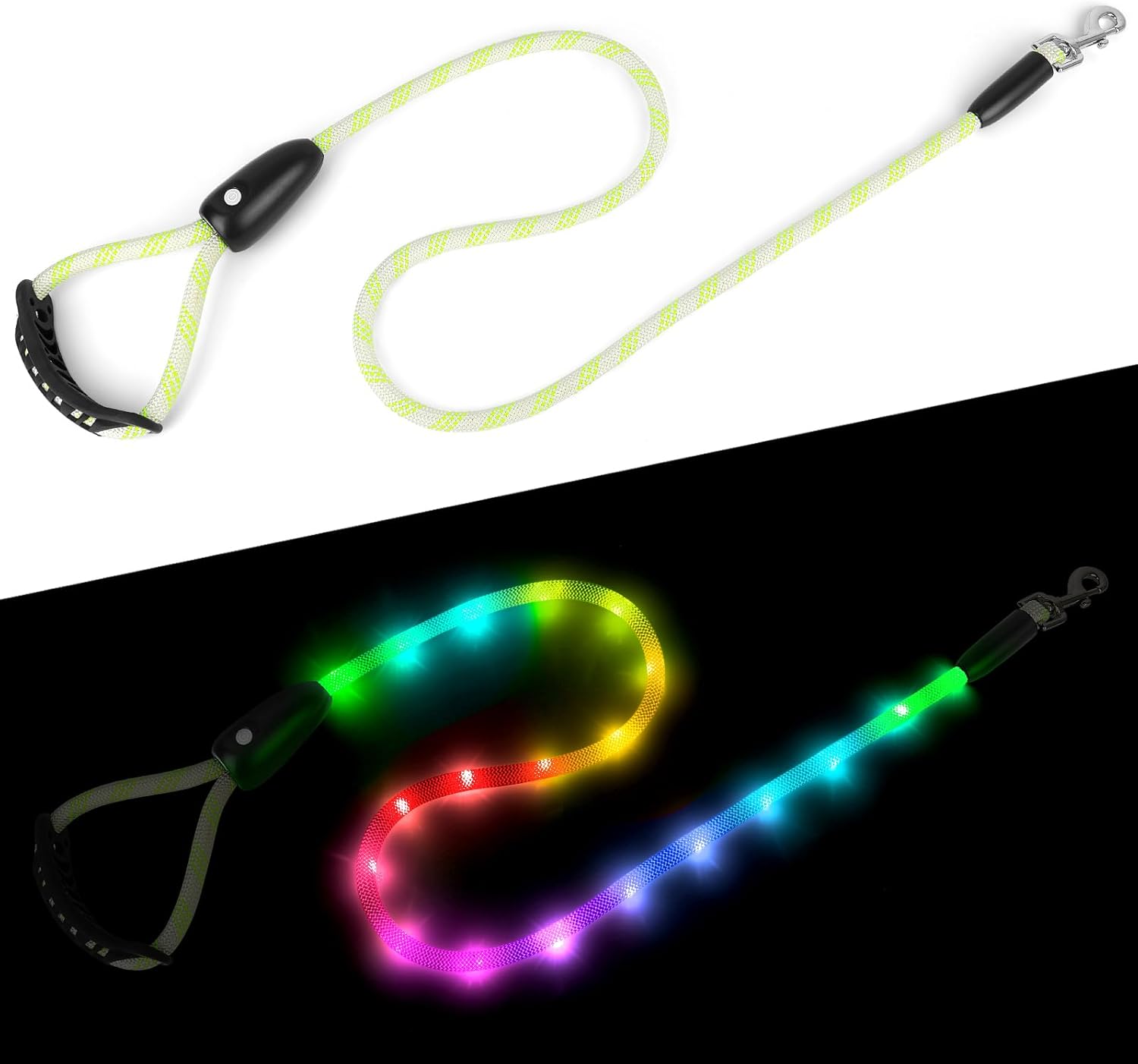 BSEEN Light Up Dog Leash - 1.5M LED Dog Leash Type-C Rechargeable, 13 Lighting Modes, Glow in the Dark Pet Lead with Soft Handle for Small Medium Large Dogs Night Walking Safety (RGB, 5 Ft)