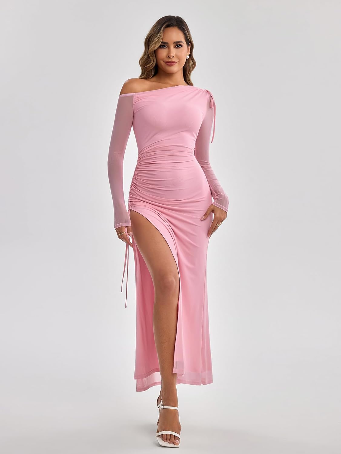 EYNMIN Wedding Guest Dresses for Women 2026 Spring Summer One Shoulder Long Sleeve Slit Mesh Ruched Bodycon Maxi Dress - Image 3