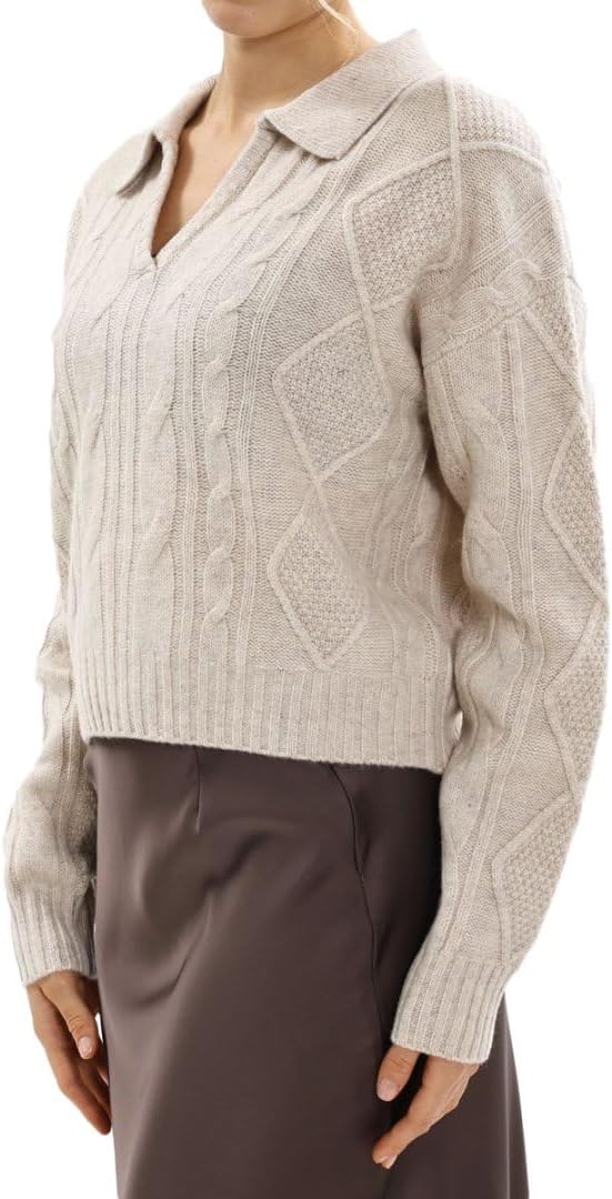 Amazhiyu Women's 100% Wool Cable Knit Crop Sweater V-Neck Long Sleeve Pullovers - Image 3