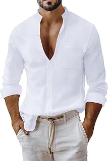 Camisa de vestir para hombre, manga larga, ajustada, clásica, con botones, de algodón y lino, ajuste regular, elástica, para verano, otoño y playa