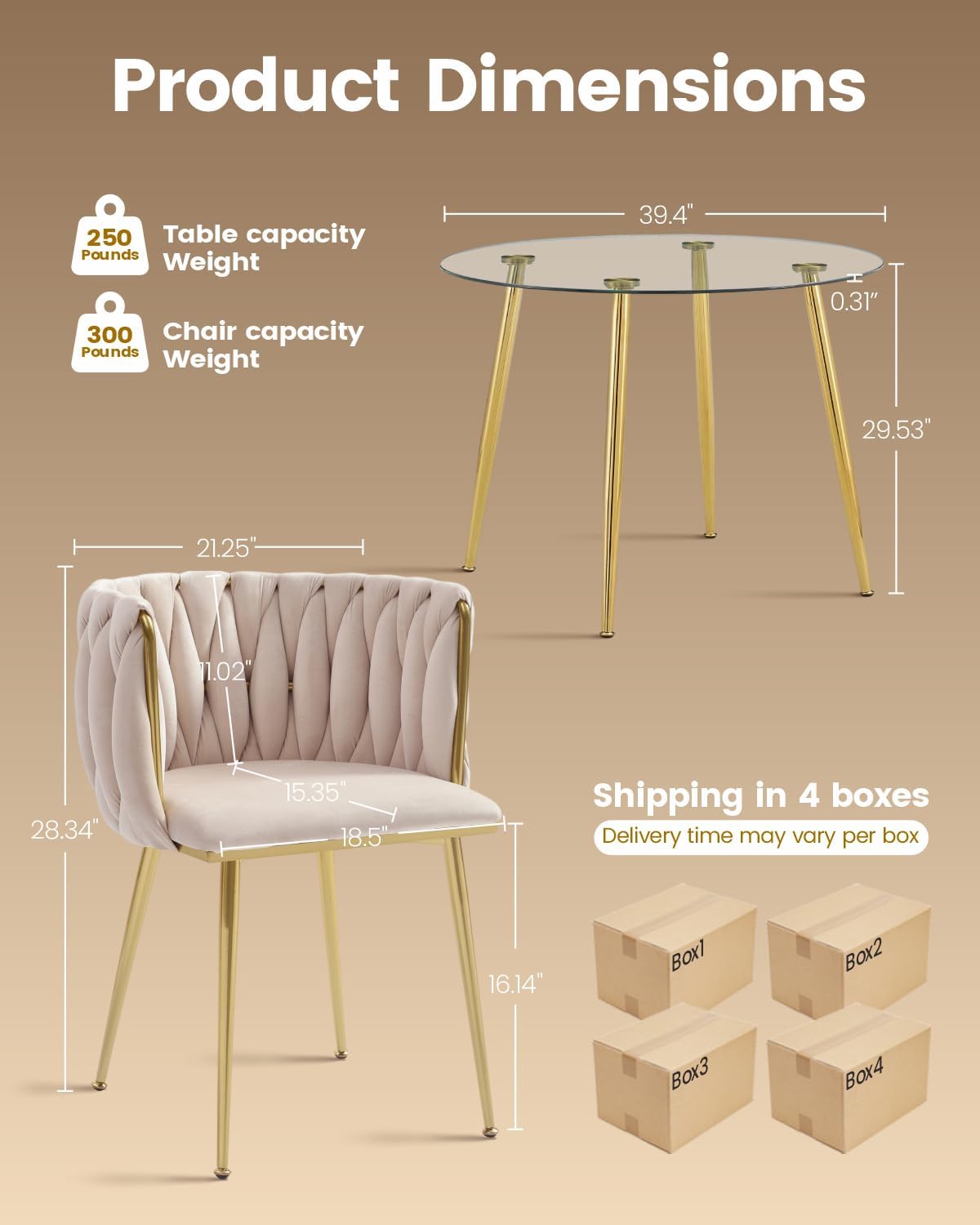 Golden Round Glass Dining Table Set for 4, 5 PCS Clear Glass Circle Table Set, 39.4'' Modern Luxury Kitchen Table Set with Velvet Woven Chair, for Living Room, Kitchen, Cafe, Apartment - Beige Chair