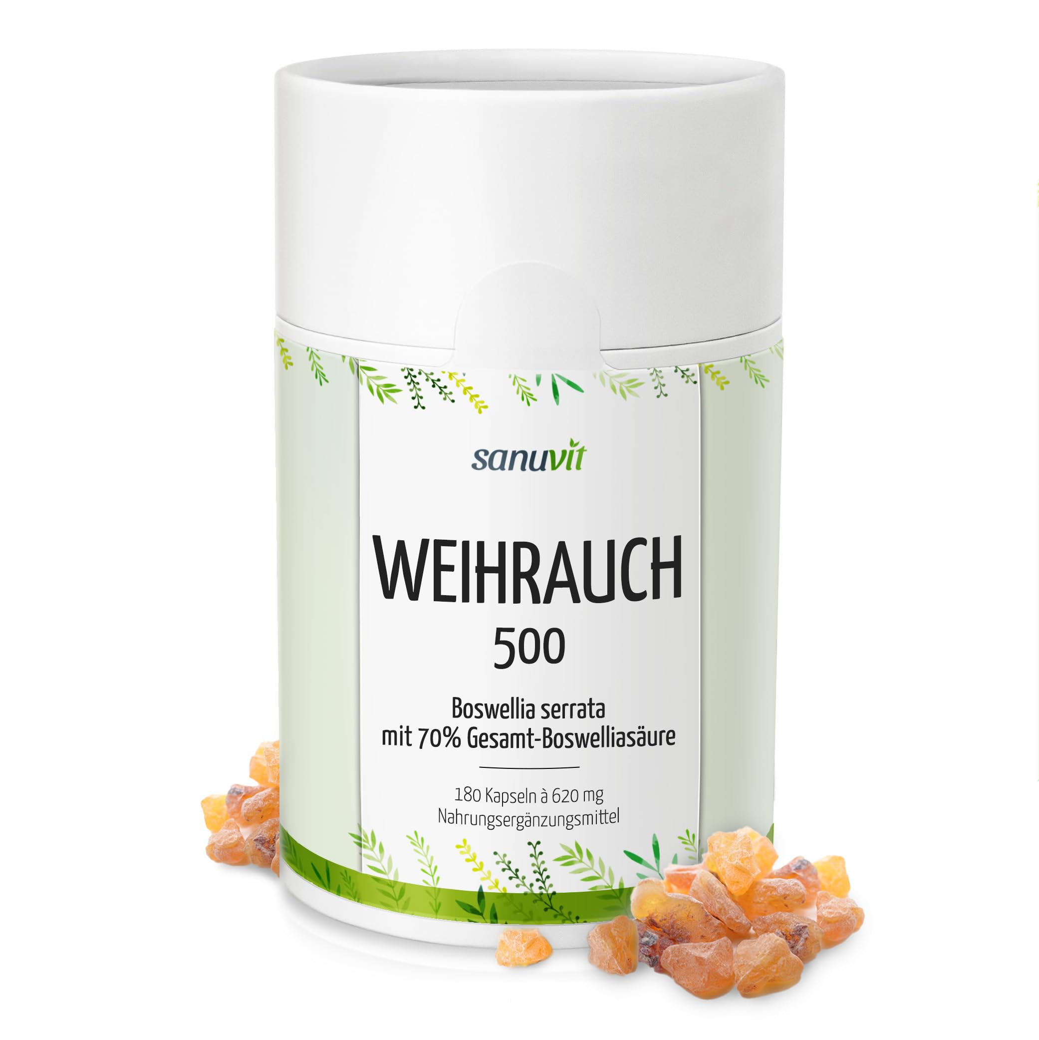 Sanuvit® - Weihrauch Kapseln 500 mg | 180 Kapseln | Hochdosiert | Indischer Boswellia serrata | Hohe Bioverfügbarkeit | Mit Premium Rohstoff Boswellin® | Vegan | Hergestellt in Österreich
