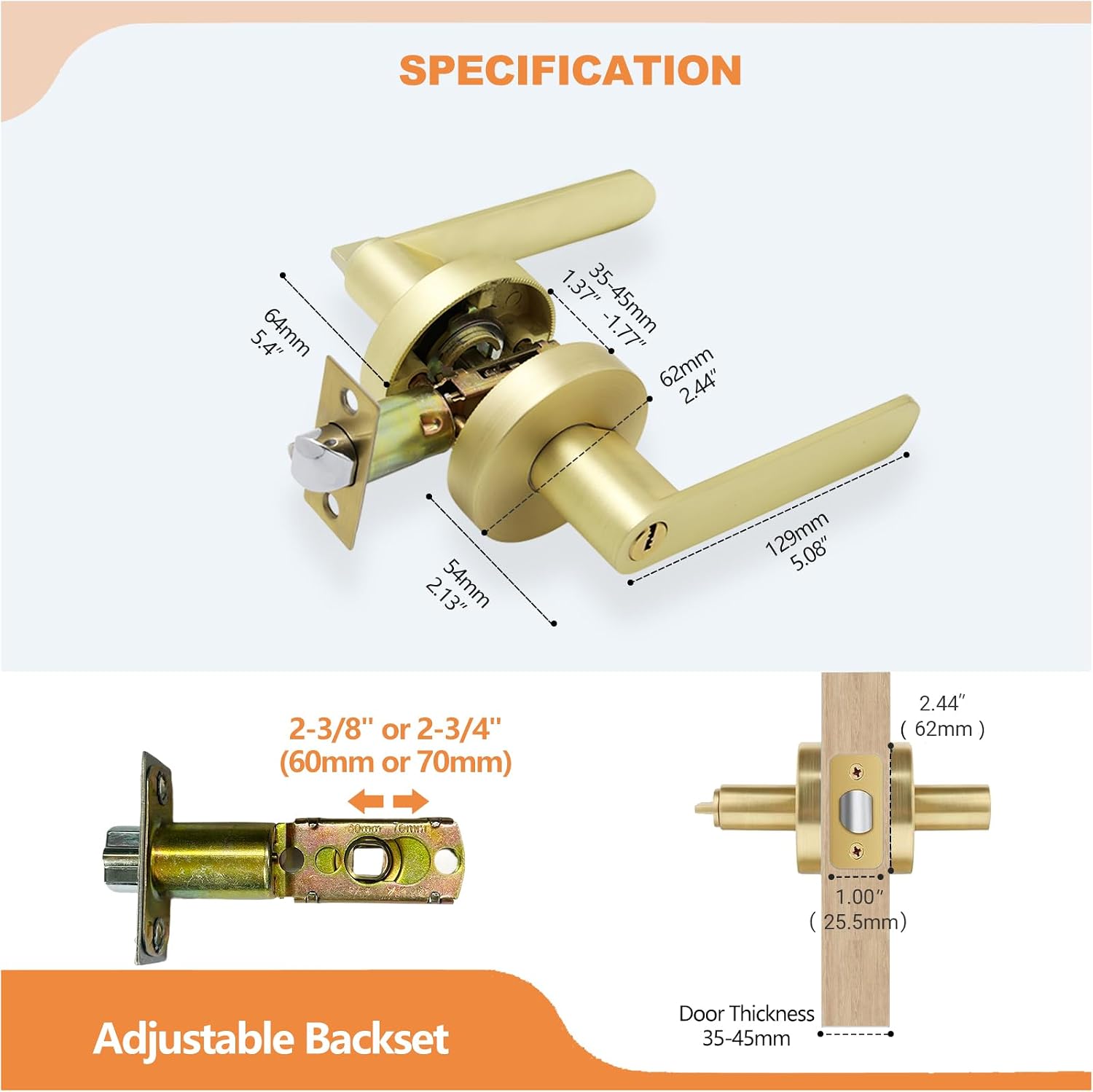Brushed Gold Interior Handle with 3 Keys, Interior Gold Privacy Lever for Bedroom & Bathroom, Reversible Left/Right, Easy 5–10 Min DIY Installation, Heavy-Duty Build, 1 Pack