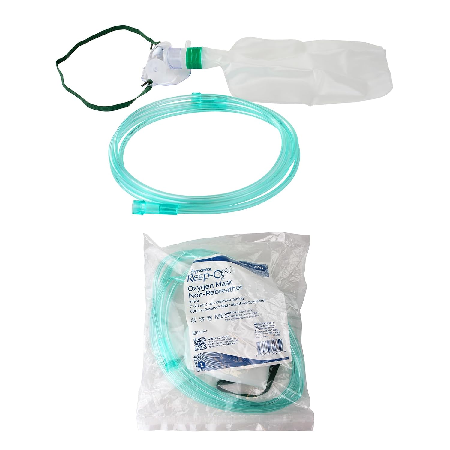 Dynarex 33054 Infant Non-Rebreather Standard Mask with 7' Tubbing and 600mL Reservoir Bag, Standard connectorm, Pack of 50