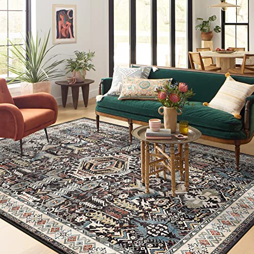 Washable Living Room Area Rug - 9X12 Large Persian Boho Bedroom Rug Distressed Oriental Non-Slip Non-Shedding Print Floor Carpet For Dining Room Kitchen (Black, 9 X 12) #TOP2