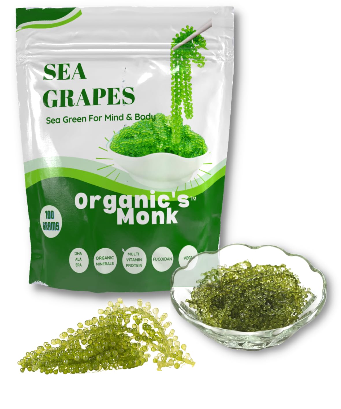 Organics Monk Organic Sea Grapes, Organic Seaweed, Umibudo, Green Caviar, Dehyrated lato, Seagrapes , Superfood -