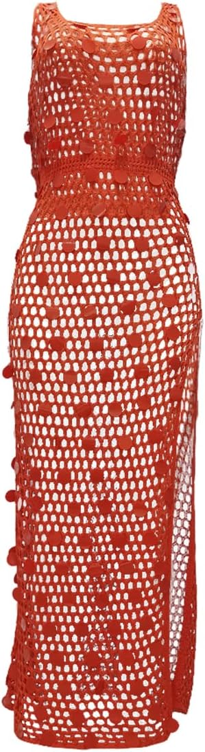 Ecirod Womens Sequin Crochet Maxi Tank Dress Summer Beach Cover Ups Sexy Cut Out Slit Sleeveless Dresses