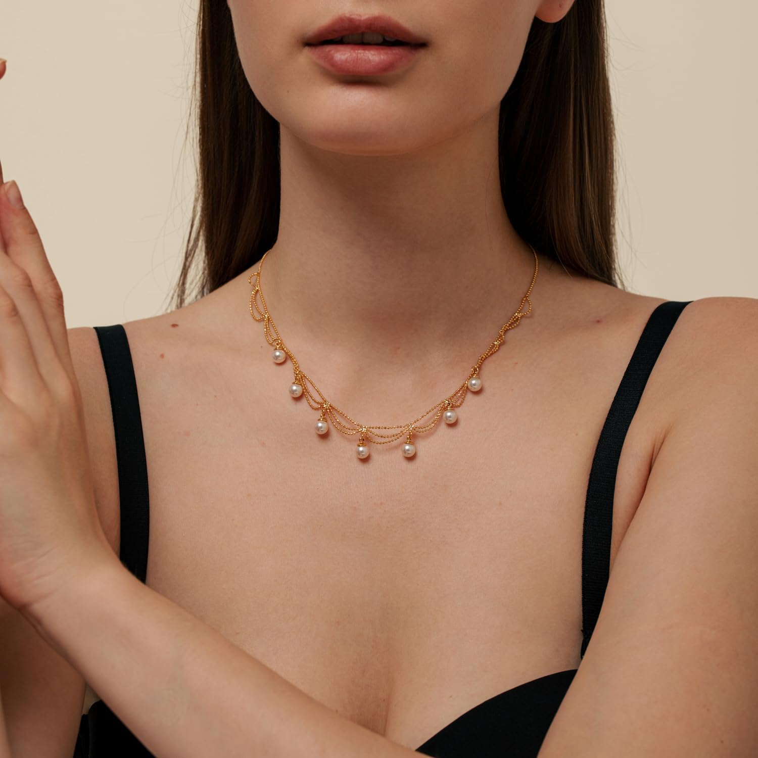 White Pearl 18k Gold Plated Beaded Link Necklace 17.3" Tennis Choker Necklace Vintage Chain necklace Jewellery Trendy Gift for Girlfriend Mother - Image 3