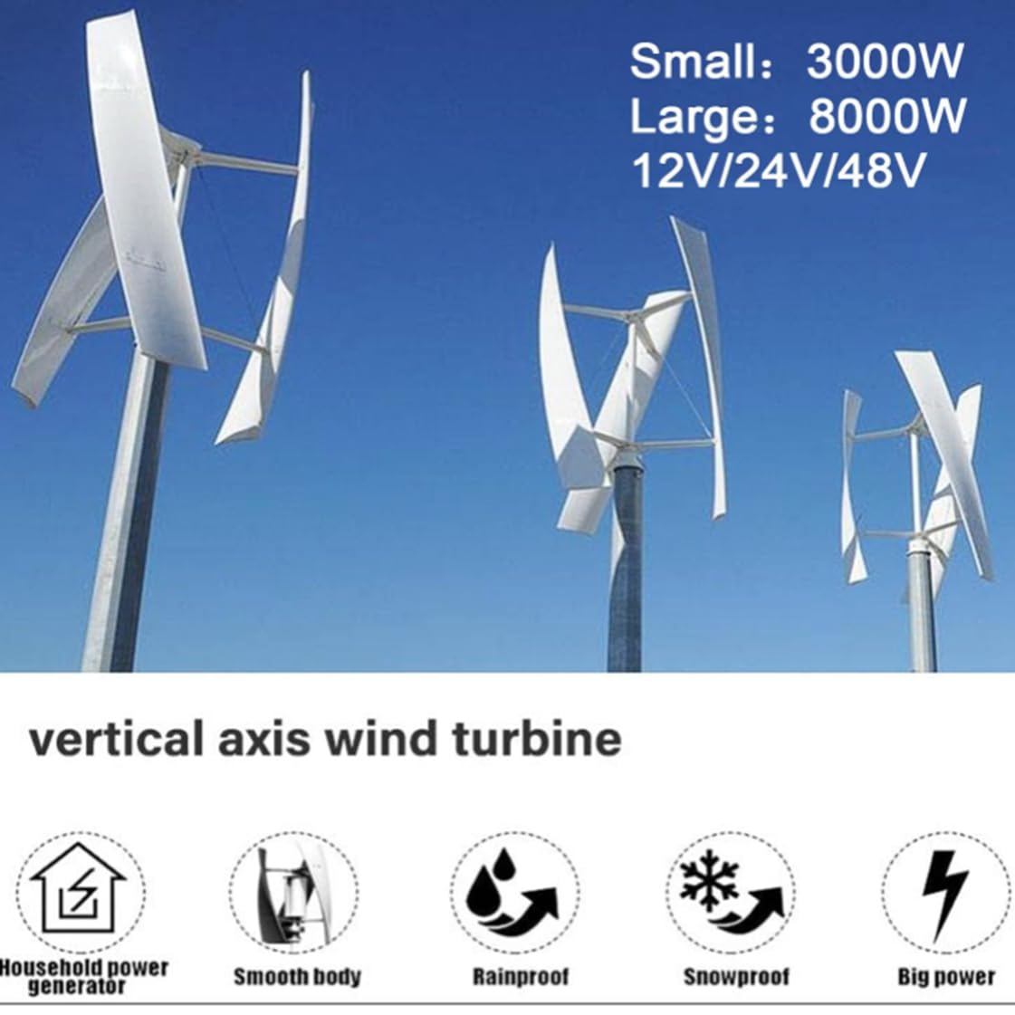 Générateur d'éolienne 3000W/8000W,12V 24V 48V 220V avec 3 pales,générateur d'éolienne Verticale, générateur à Aimant Permanent, kit d'éolienne pour éolienne Hybride solaire,3000W-220V