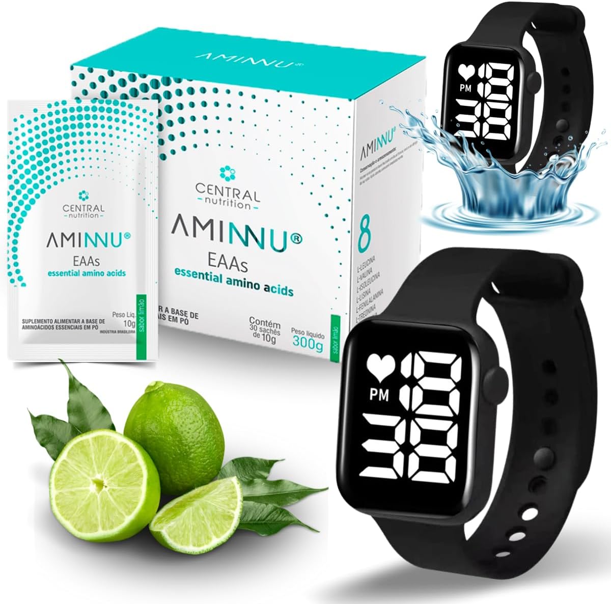 Kit Aminnu Limão 10g Com 30 Sachês Central Nutrition Acompanha Relógio Esportivo Aprova D’agua