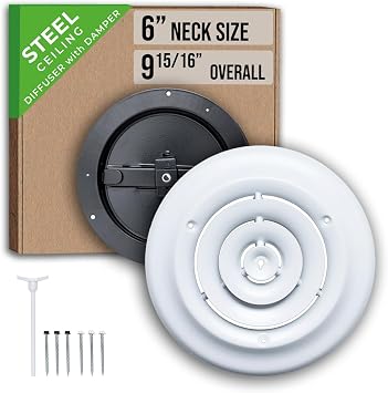 Fits 6 Inch Neck Air Duct | Steel Round Air Supply Diffuser for Ceiling by Handua | 6" Neck Steel Butterfly Damper&Handle Included | Round Diffuser Vent Cover | White | Outer Dimension 9-15/16"