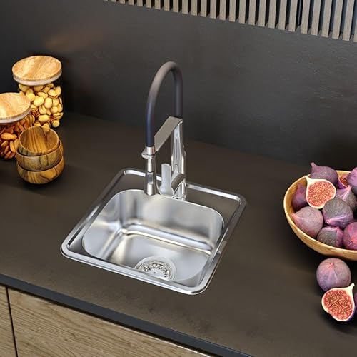 GRANITAN Spülbecken mit Siphon 38 x 38 cm - Einbauspüle aus Stahl - Edelstahlspüle mit Hahnloch für Spülbecken Durchmesser 92mm - Waschbecken für Küche - Satin