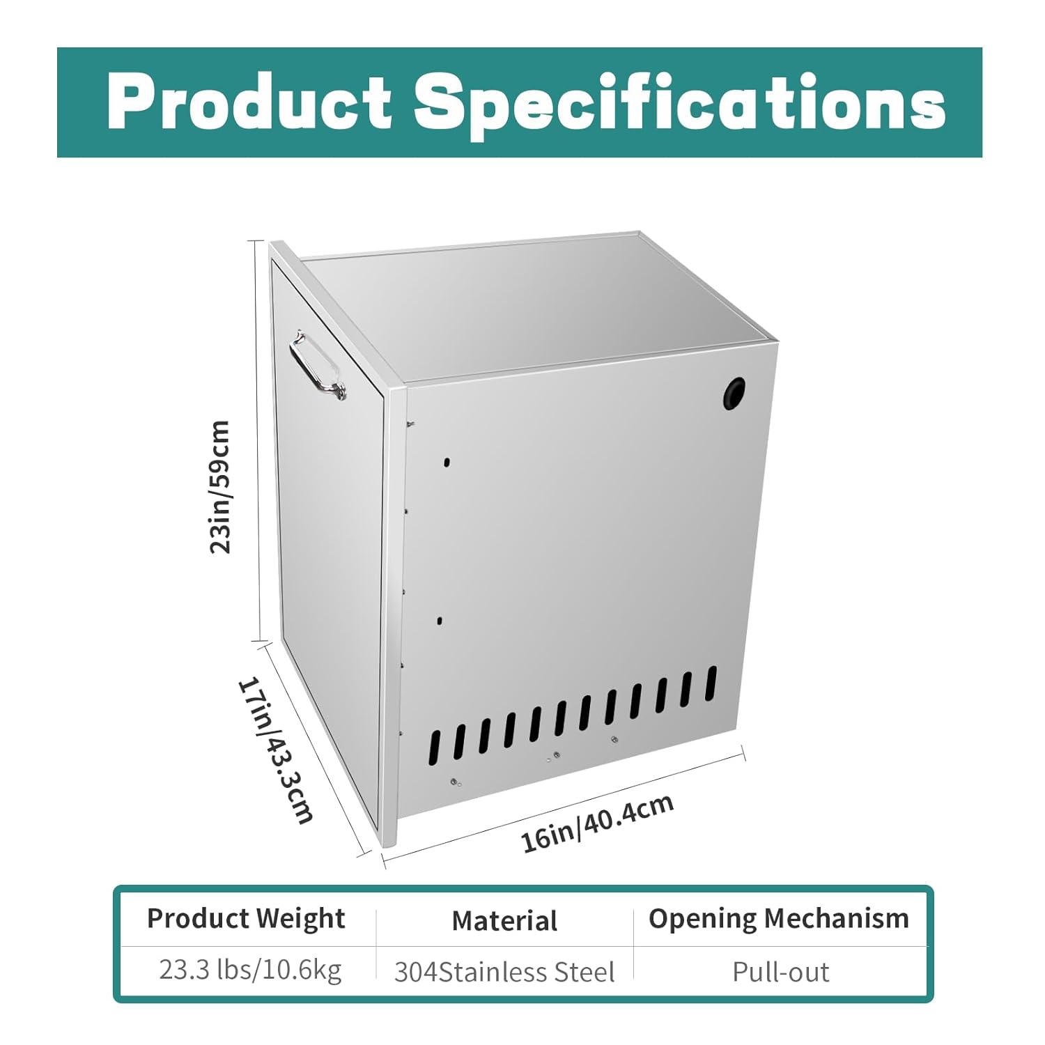 Pull Out Trash Drawer 17" Wx23 Hx16 D Outdoor Kitchen Trash Drawer Propane Tank Cabinet Stainless Steel Trash Bin with Efficient Air Vents& Chrome Handle for BBQ Island Grill