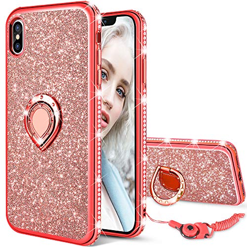 Maxdara Case for iPhone Xs Max Glitter Case Ring Grip Holder Kickstand with Bling Sparkle Diamond Rhinestone Protective Bumper Luxury Pretty Fashion Girls Women XS Max Case 6.5 inch (Red)