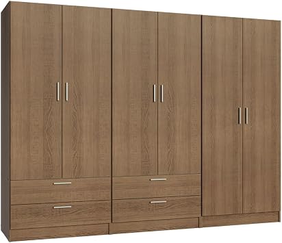 Madesa 6 Doors 4 Drawers Wardrobe Set Armoire Closet Bedroom Storage Cabinet with Shelves and Hanging Space 94 L Wooden Clothing Organizer Unit - Rustic