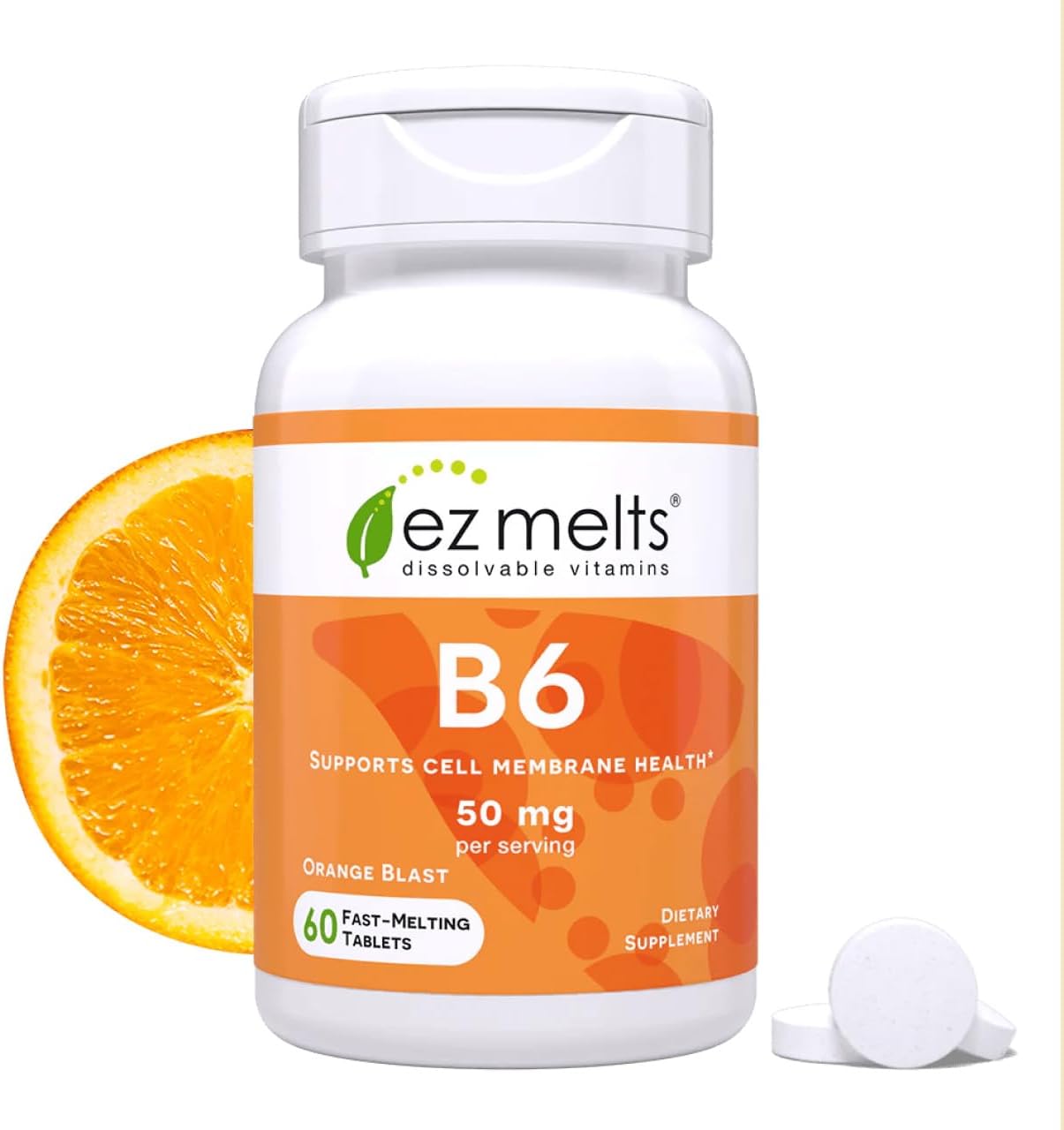 EZ Melts B6 as Pyridoxine, 50 mg, Sublingual Vitamins, Vegan, Zero Sugar, Natural Orange Flavor, 60 Fast Dissolve Tablets