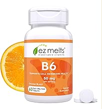 EZ Melts Vitamina B6 - Suplemento para la Salud Cerebral y Cardíaca - Apoyo al Metabolismo Energético - Sin Sabores Artificiales - No OGM y Vegano - Explosión de Naranja - 60 Tabletas Solubles (30 Porciones)