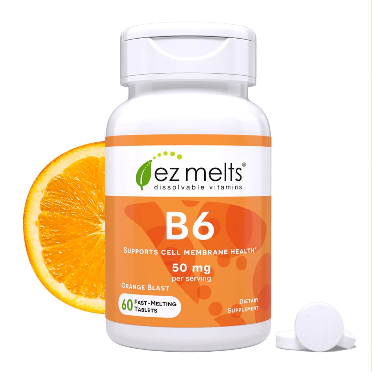 EZ Melts Vitamin B6 - Brain & Heart Health Supplement - Energy Metabolism Support - No Artificial Flavors - Non-GMO & Vegan - Orange Blast - 60 Dissolvable Tablets (30 Servings)
