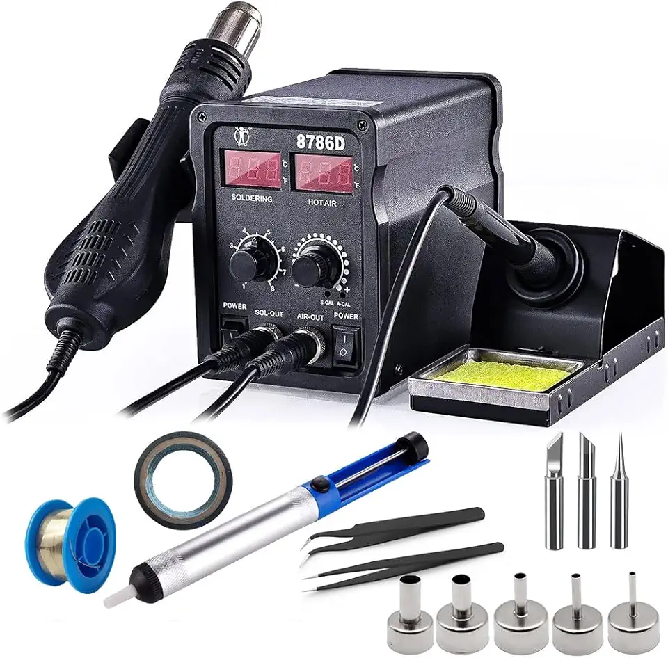 Estação de Retrabalho 2 em 1 8786D | Ferro de Solda 75W + Pistola de Ar Quente 750W | Display Digital com Controle PID | Antiestática para Reparo BGA IC SMD | Fluxo 120L/min e Modo Sleep (220, Volts)
