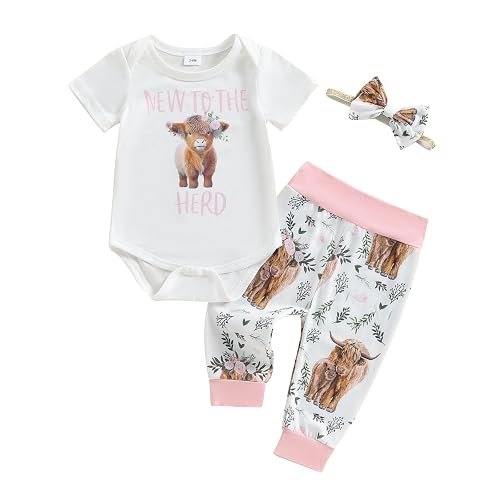 Lenjindjer Western Baby Girl Summer Outfit New to The Herd Short Sleeve Romper Highland Cow Pants 3Pcs Coming Home Outfit
