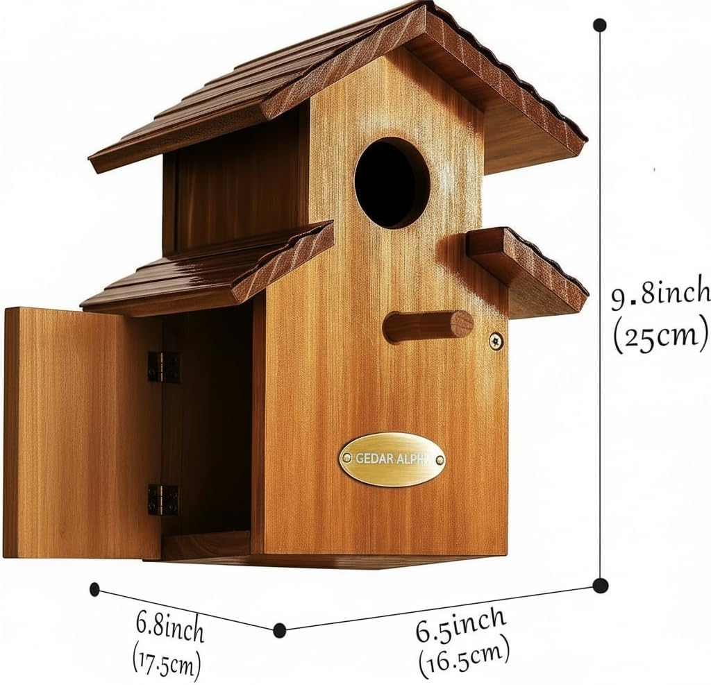 Water Proof Bluebird House for Outside, 2 Layers Metal Roof Water Proof, Outdoor Lifetime Durability Solid Cedar Wood Bird House for Pole, Secure Latch, Updated 1.5" Hole Size (Comfy Mansion)