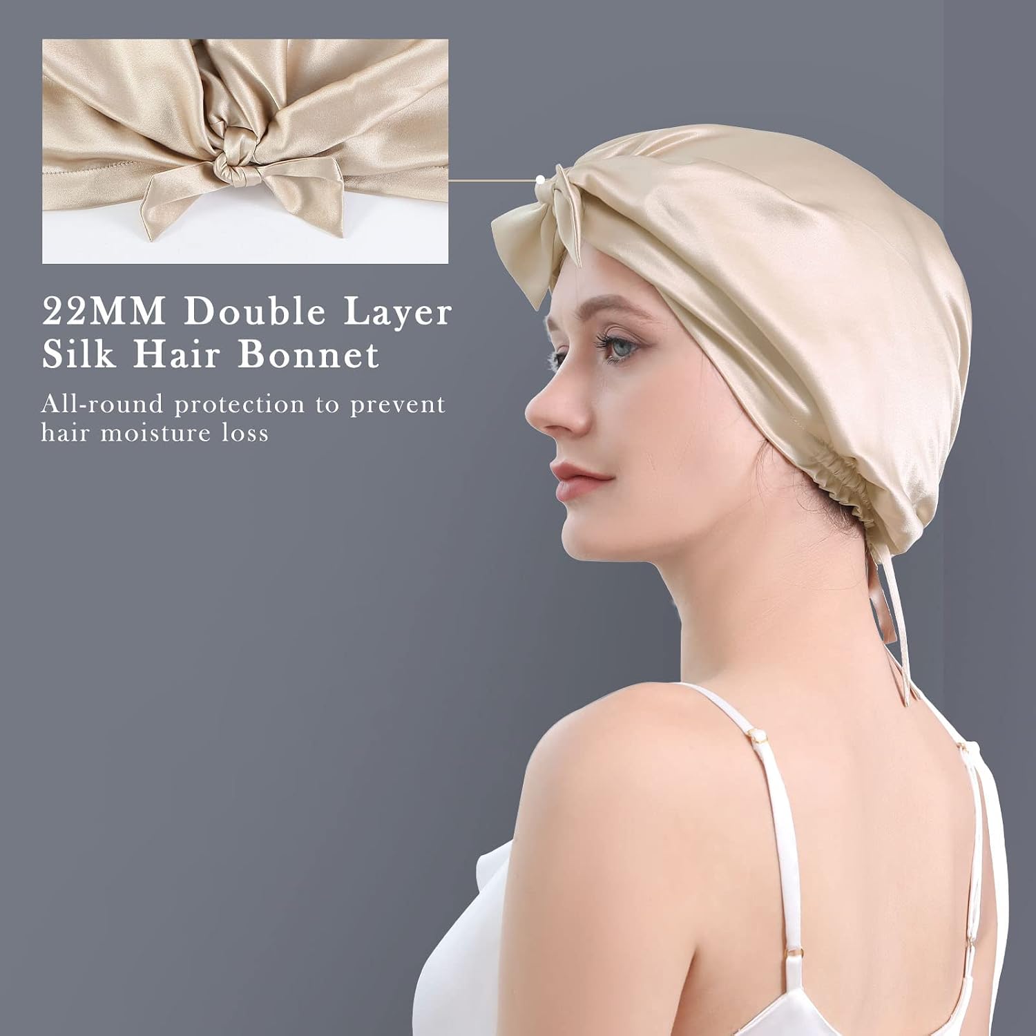 22 Momme 100% Mulberry Silk Bonnet for Long Hair, Double Layer | Overnight Hair Care, Adjustable Tie Band, Stay-On Fit, One Size, 1Pc, Curly, Wavy & Natural Hair
