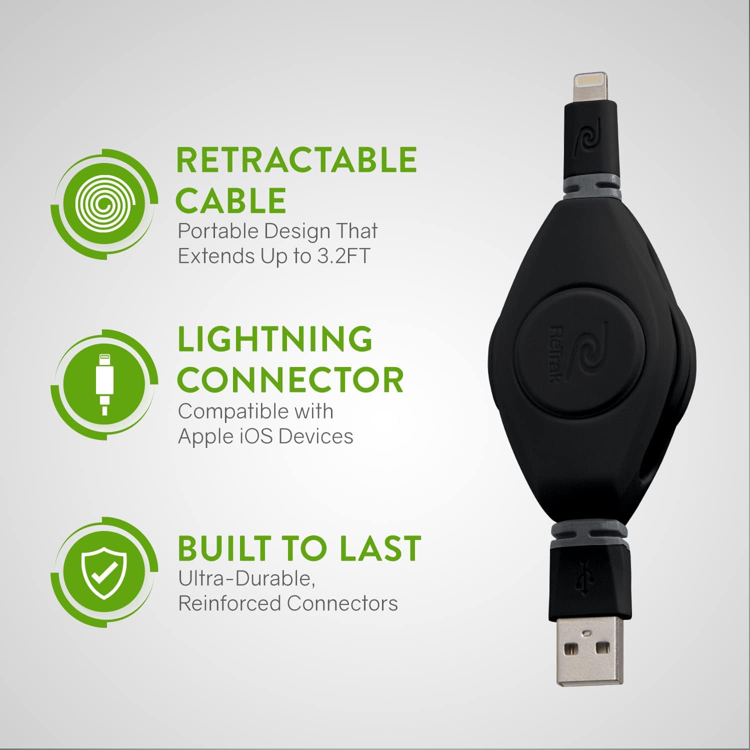 Image highlighting the retractable design, Lightning connector, and durable construction of the ReTrak cable.
