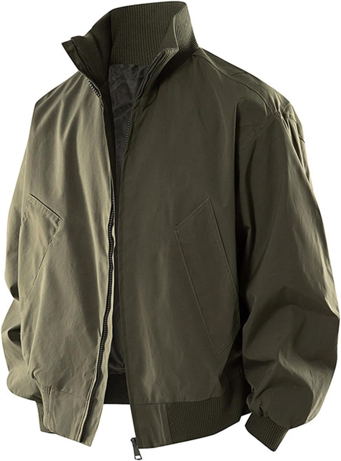 Mens Stand Collar Jacket Long Sleeve Zip Up Loose Fit Warm Coat Fashion Casual Fall Winter Outerwear with Pockets