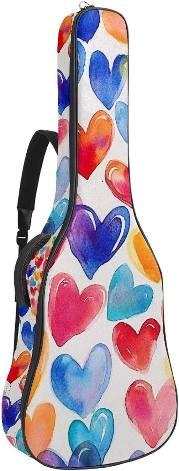 Colorful Hearts Abstract Watercolor Seamless Pattern Acoustic Guitar Gig Bag, 1 cm Thick Padding Waterproof Guitar Bag Backpack for 40 41 42 Inch Electric Bass Classical Guitars