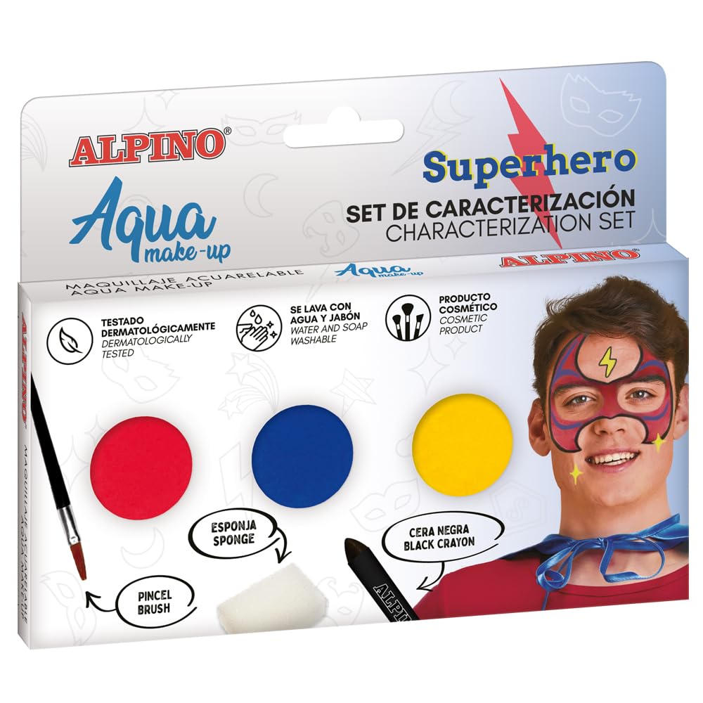 Alpino Set de caracterización Aqua Make up superhéroe| Maquillaje Facial y Corporal Base Agua | Ideal para Disfraces de niños y Adultos | Pintura Base Agua para Uso recreativo y semiprofesional