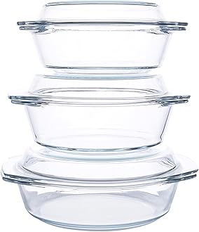 Set of 6 Pieces Round Tempered Glass Casserole Dish with Lids, Glass Casserole Baking Dish Set for Oven, Freezer and Dishwasher Safe - 1QT+1.5QT+1.8QT