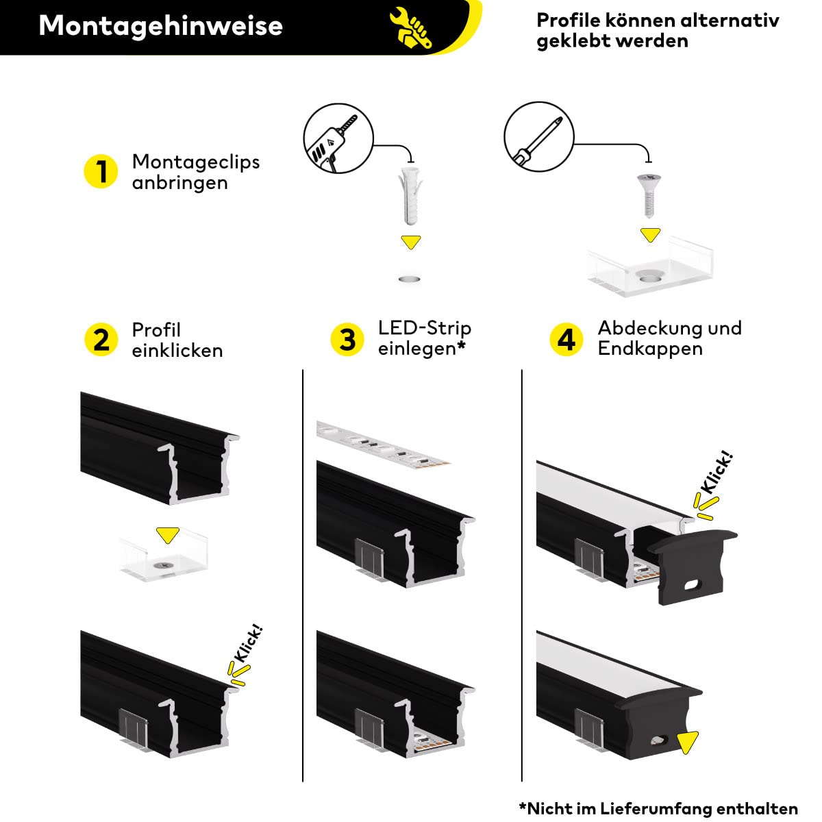 Profilo in alluminio a LED nero, 200 cm, profilo da incasso, copertura opale, per strisce LED da 12 mm, principale
