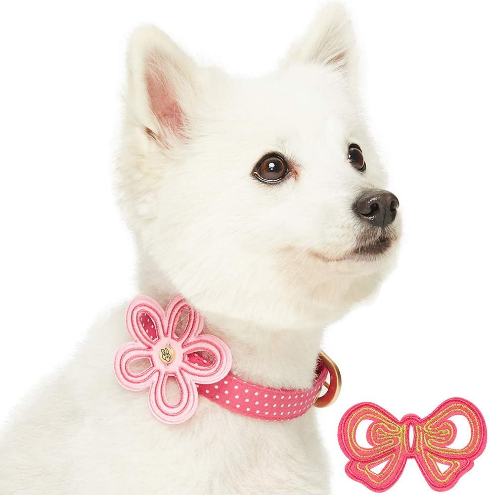 Blueberry Pet Collar ajustable para perro con hebilla de metal y 2 pajaritas desmontables, lunares rosas, cuello de 33 a 16.5 in, para raza mediana