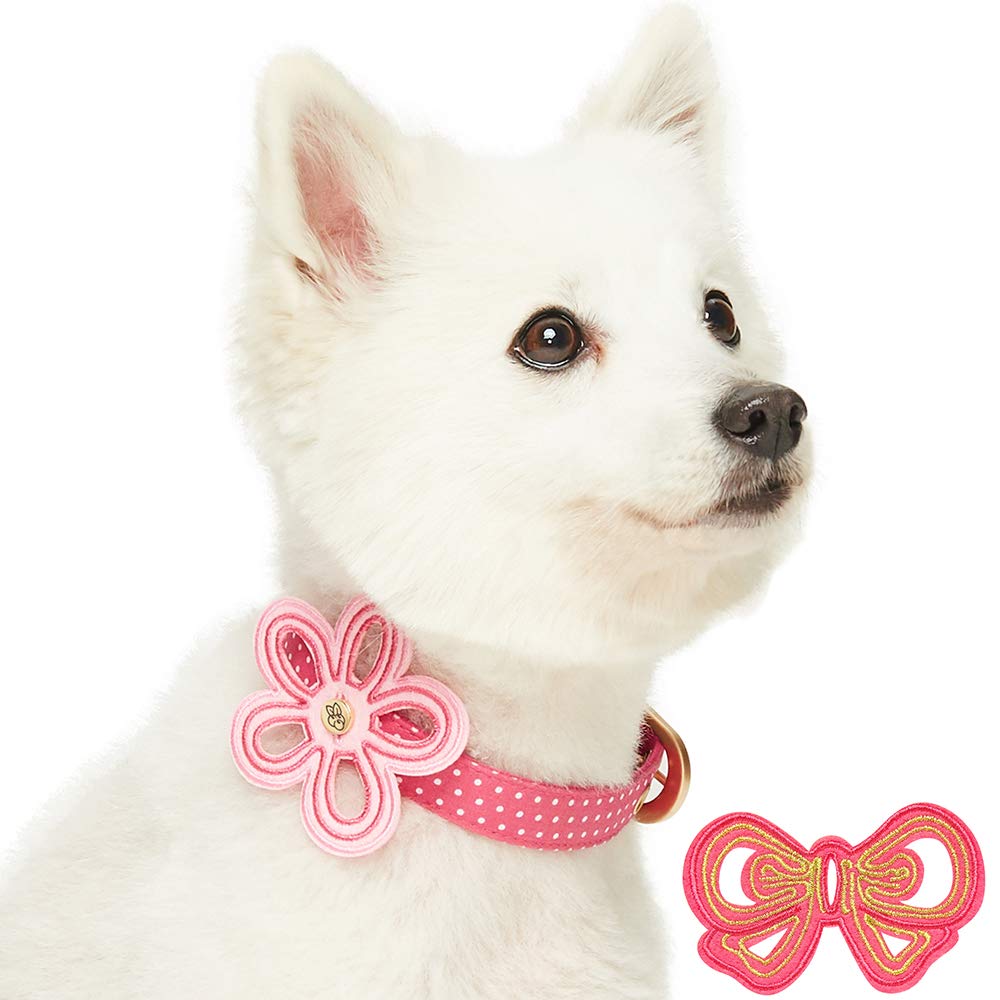 Blueberry Pet 2 Patterns Adjustable Dog Collar with Metal Buckle and 2 Detachable Bowtie - Pink Polka Dot, Neck 13-16.5", for Medium Breed