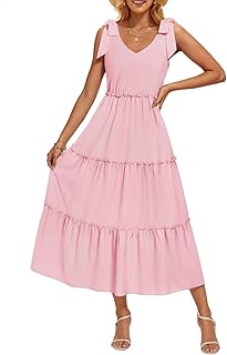 Women's 2025 Summer Boho Casual V Neck Sleeveless Midi Dresses Tie Shoulder Flowy Tiered A Line Beach Long Sundress - Buy now