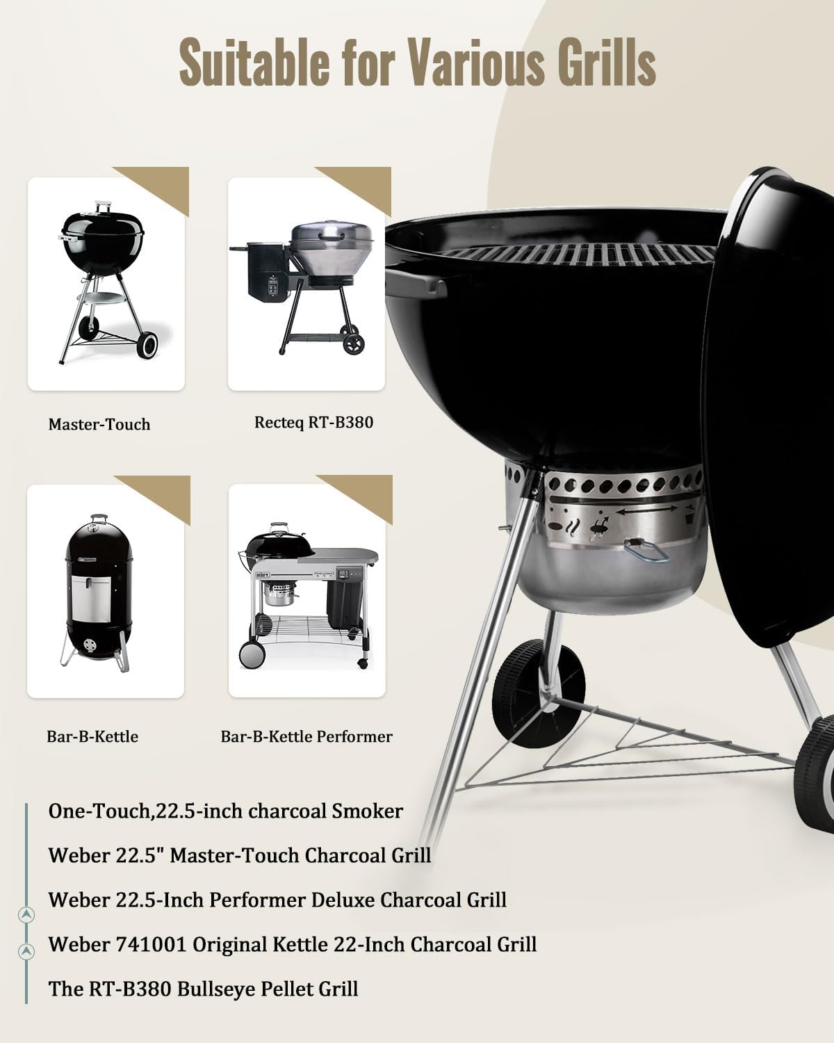 Cast Iron Grill Grates Grid Round for 22 Inch Weber Charcoal Grill,Cooking Grate Replacement fit Weber 22 Performer Bar-B-Kettle,Master-Touch and One-Touch,Works on Recteq Bullseye and Barrel