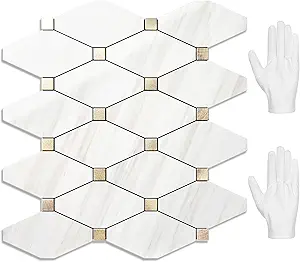 STICKGOO 10 Sheets Peel and Stick Backsplash, Polished Dolomite PVC Mixed Metal Gold Kitchen Backsplash, Stick on Backsplash Wall Tiles for Kitchen, Bathroom, RV
