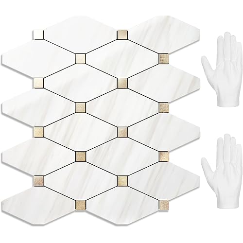 STICKGOO 10 Sheets Peel and Stick Backsplash, Polished Dolomite PVC Mixed Metal Gold Kitchen Backsplash, Stick on Backsplash Wall Tiles for Kitchen, Bathroom, RV