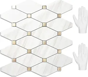 STICKGOO 10 Sheets Peel and Stick Backsplash, Polished Dolomite PVC Mixed Metal Gold Kitchen Backsplash, Stick on Backsplash Wall Tiles for Kitchen, Bathroom, RV