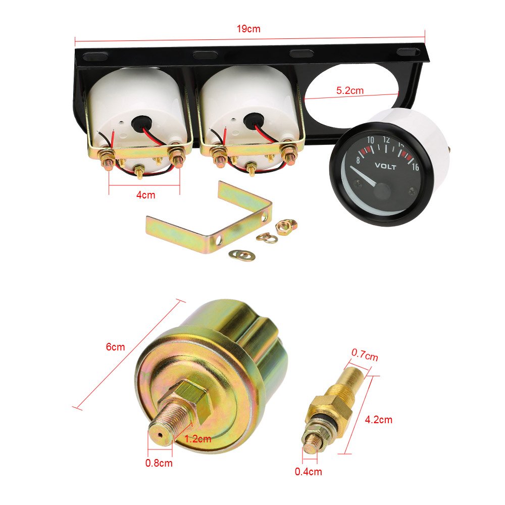 Shkalacar 3 en 1 Voltímetro de Indicador de Temperatura del Agua de Presión de Aceite 52 mm, Kit de Indicador Triple Electrónico Medidor para Moto, Coche 12V