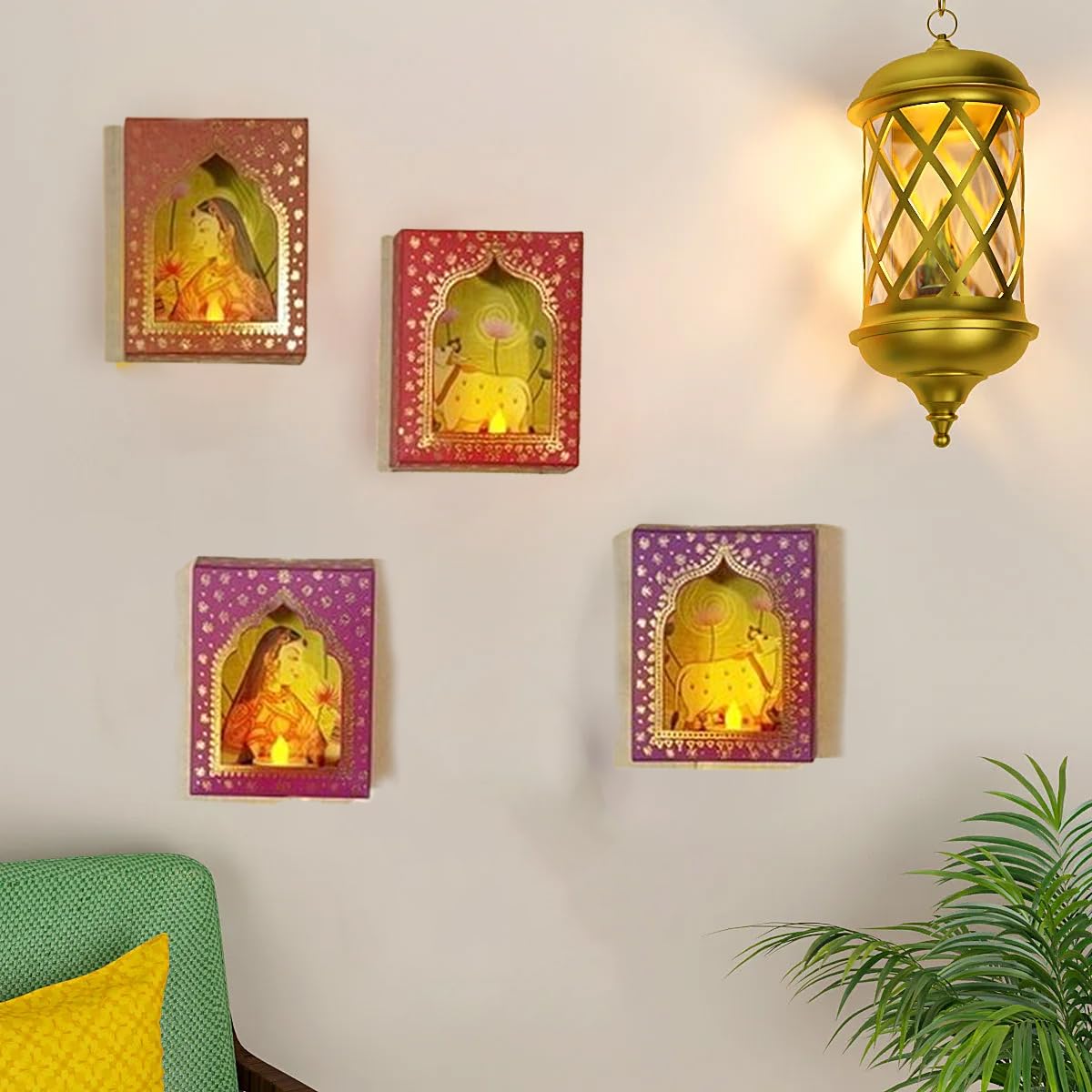 CraftVatika LED Candle with 4 Jharakho Diya Set Diwali Decoration Items, Home Decor Items, Tealight Candle Wall Hanging Festive Decor Item, DIY Craft Traditional Jharokha Box Hanging Box