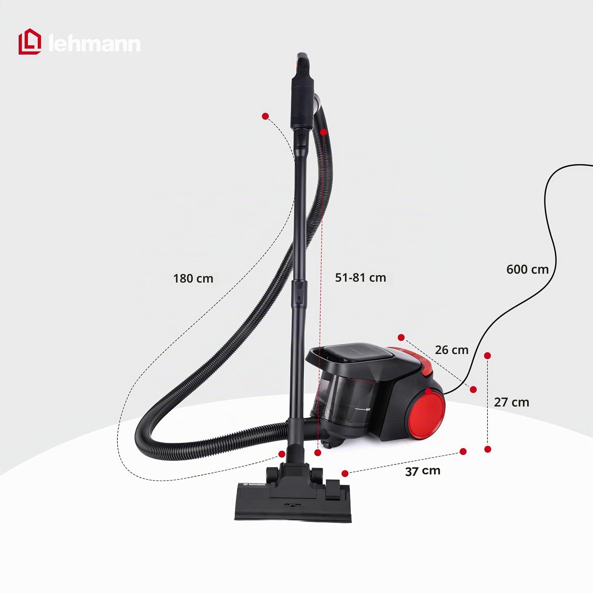Lehmann Aspirateur sans Sac Cyclonique avec Commande à Poignée, Double Filtration avec Filtre HEPA, Compact, Réservoir 1,5 L, Aspirateur Traîneau Puissant avec 4 Modes Multi-Surfaces
