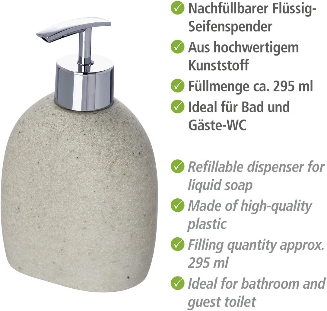 WENKO Refillable Soap Dispenser, Countertop Dispenser Suitable for Liquid Hand Soap & Lotion, Pump Bottle for Kitchen and Bathroom, 0.08 gal, Polyresin, 3.7 x 6 x 2.6 inch, Beige
