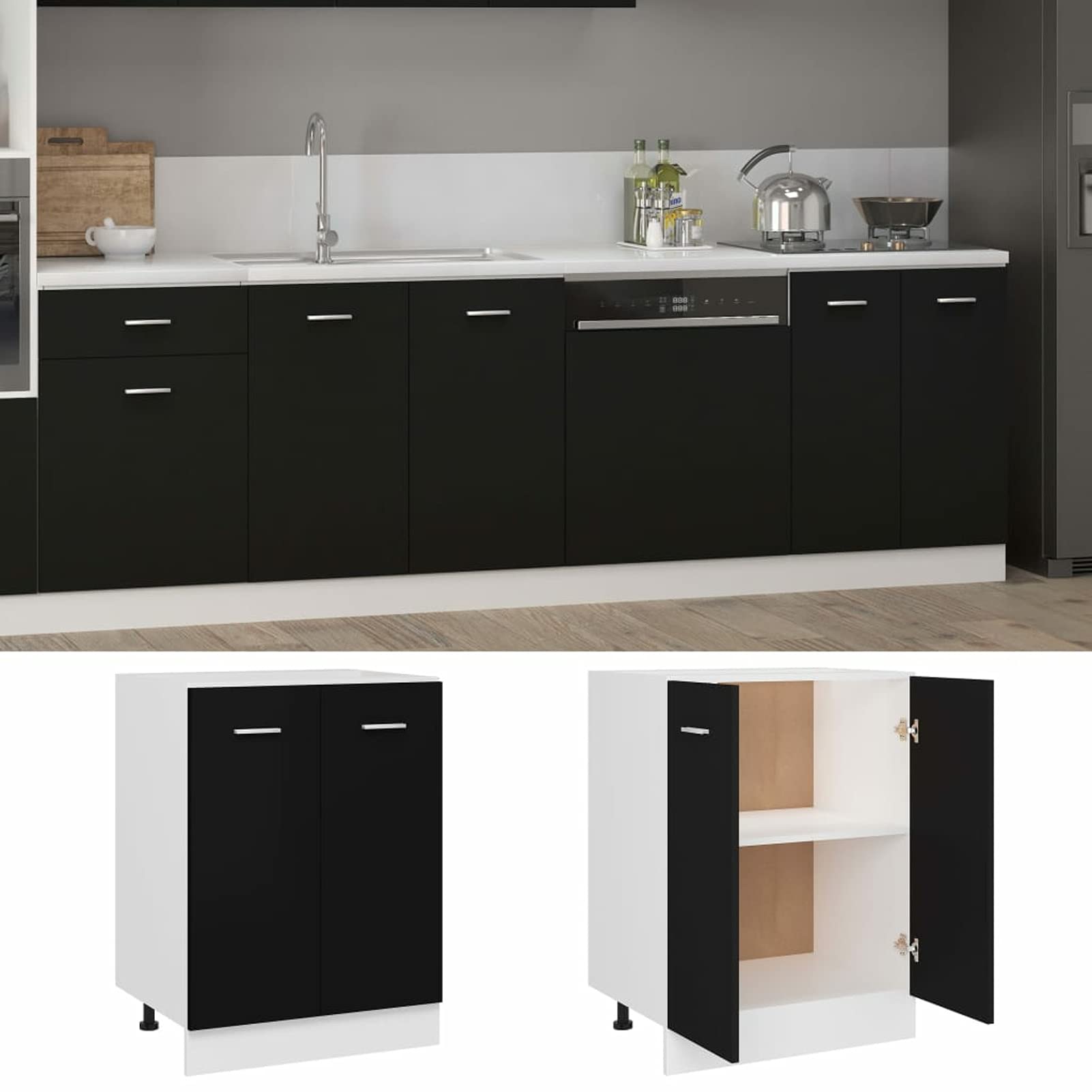 LAPOOH Unterschrank Schwarz 60x46x81,5 cm Spanplatte Küchenschrank, Küchenunterschrank, Unterschrank Küche, Küchenmöbel, Miniküche, Spülschrank