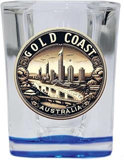 R and R Imports Gold Coast Australia Souvenir Destination 2 Ounce Shot Glass Square Blue Base Single