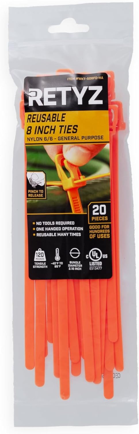 RETYZ 8-Inch Natural Reusable Releasable Cable Ties – 100 Pack, 120 lb Strength, Patented Quick-Release, Heavy-Duty Design for Industrial and Commercial Use
