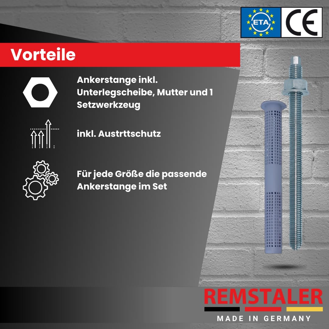 10x Remstaler ANKERSTANGE + SIEBHÜLSE im SET | verzinkt o. Edelstahl | Injektionsmörtel | Verbundmörtel (M12x135 / SH 16x85)