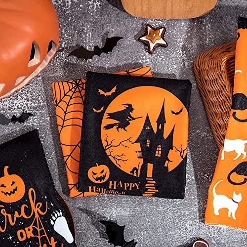 Anydesign Halloween Kitchen Dish Towels 18 X 28 Inch Happy Halloween Tea Towel Dishcloth Orange Black Web Cat Witch Trick Or Treat Drying Cloth Towel Hand Towel For Cooking Baking Bathroom, 4 Pack #TOP4