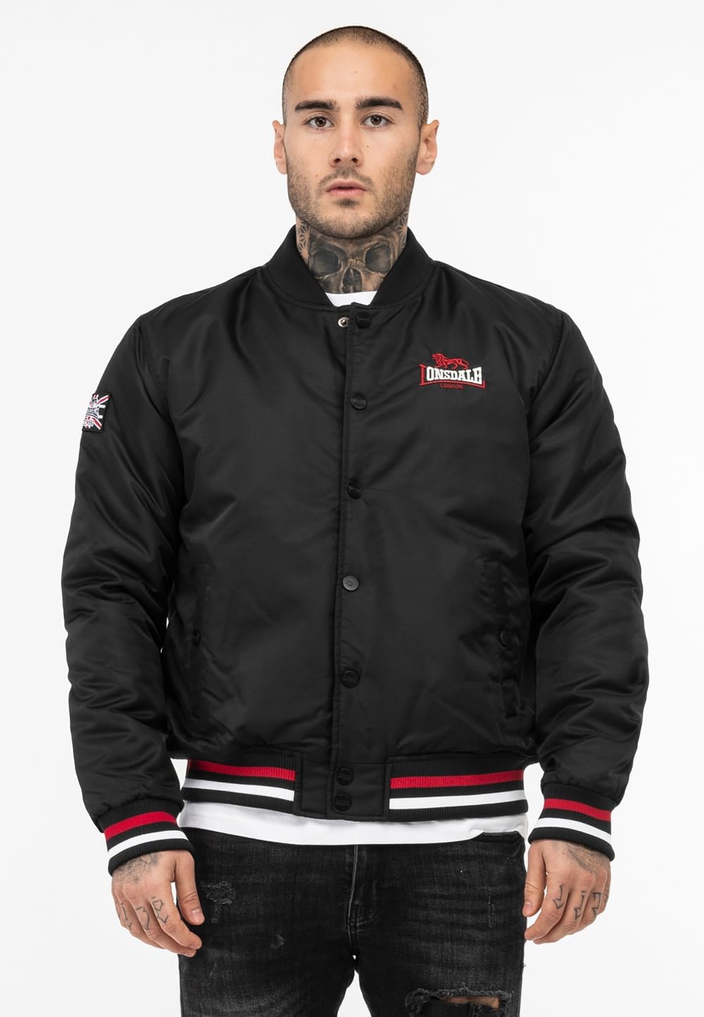 Spirit of England Lonsdale Men´s Unique College Baseball Bomber Jacket Black Lining Embroidered Logo Regular-Fit